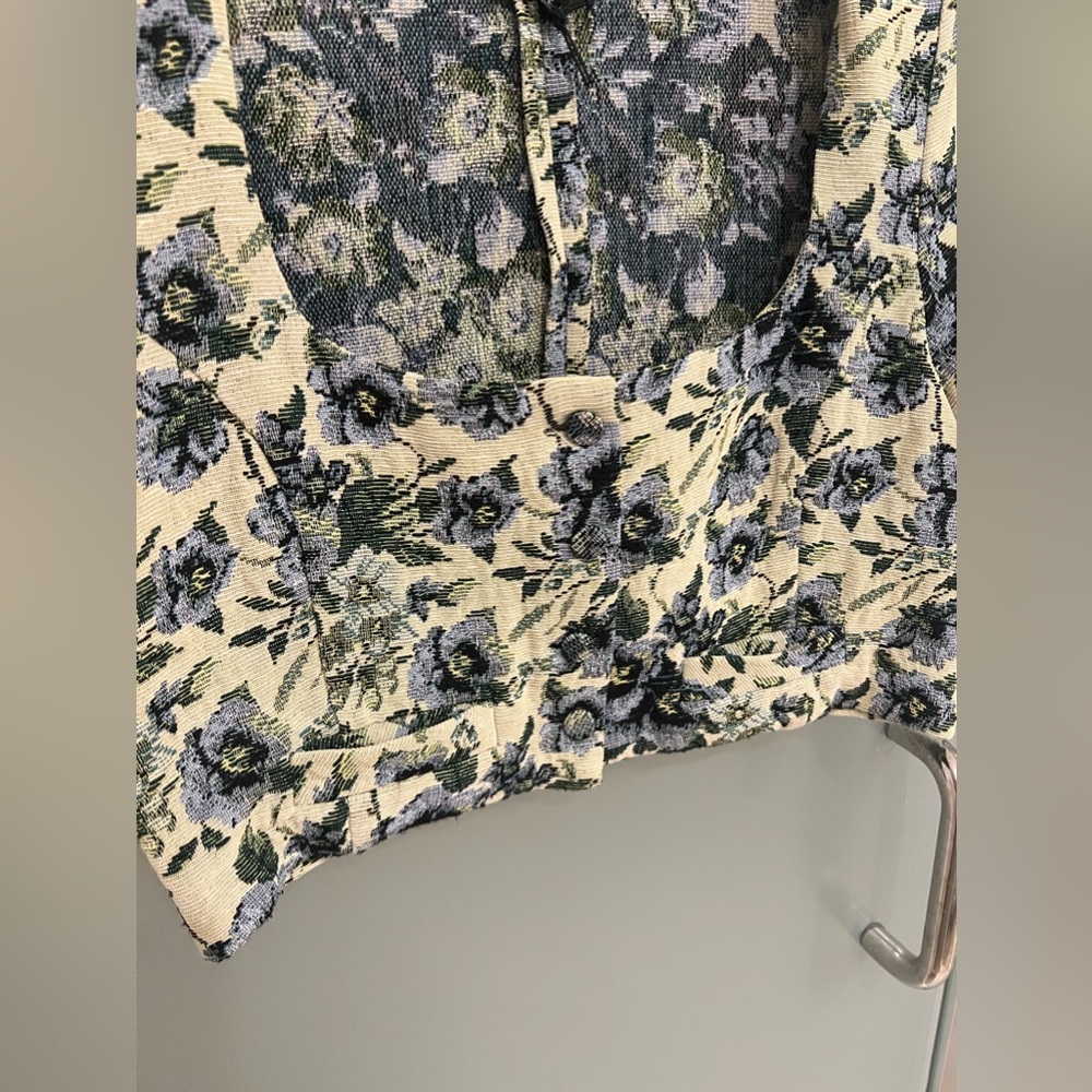 NEW En Saison Jacquard vintage fall floral green blue crop blouse - Picture 8 of 10